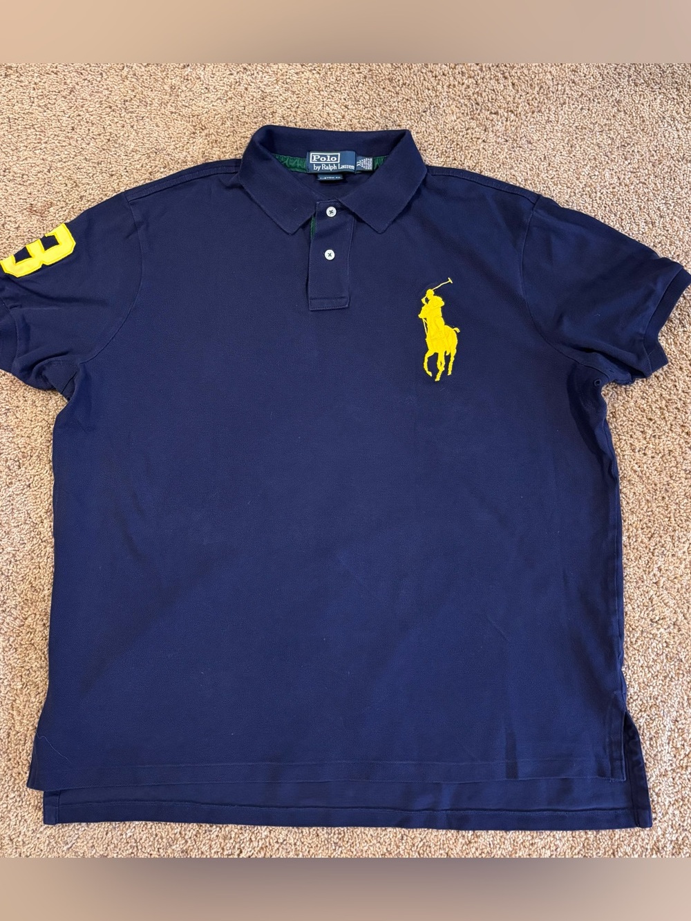 Ralph Lauren Polo Classic Fit Navy Polo Shirt with Yellow Logo, size XL